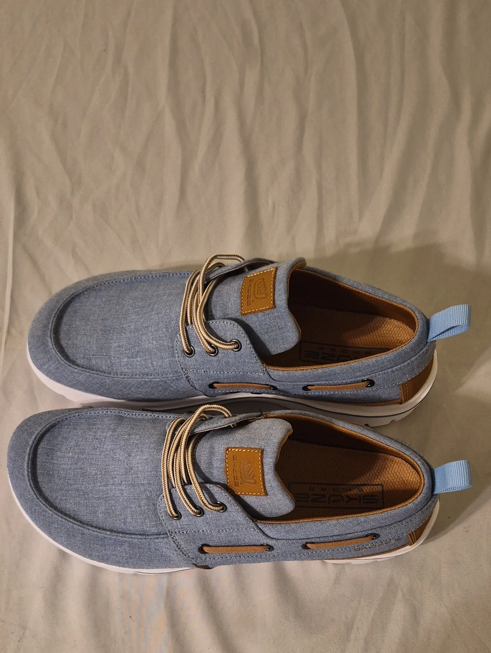 Skuze Men’s Light Blue Canvas Boat Shoes with Tan Accents